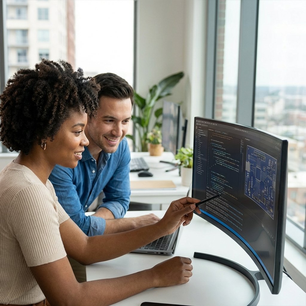 Profesionales de gestión de instalaciones y activos analizando el rendimiento de los activos en una tableta dentro de una instalación industrial moderna.
