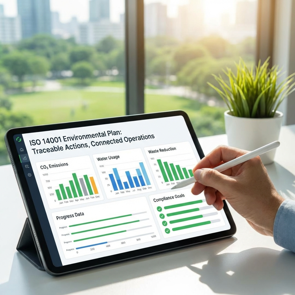 Cuadro de mandos del software del Plan Medioambiental ISO 14001 que muestra los objetivos del proyecto, las metas y las conexiones de los activos.