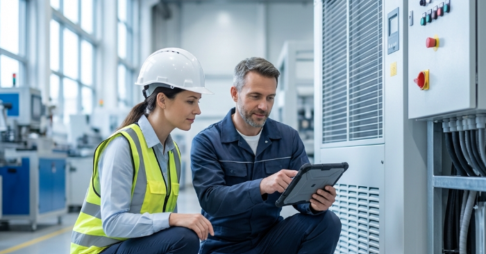 Profesionales de gestión de instalaciones y activos revisando el rendimiento de los activos en una tablet dentro de una instalación industrial moderna.