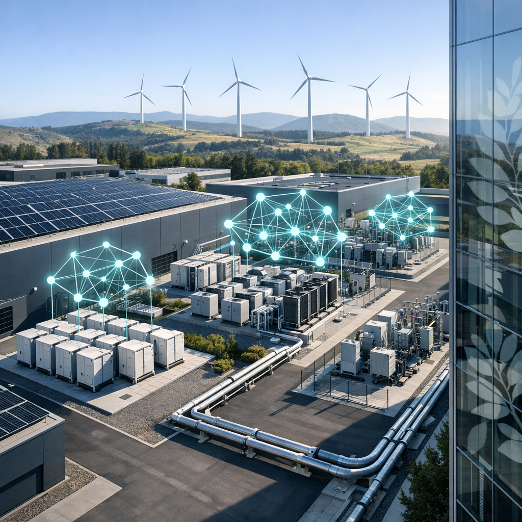 Photorealistic forwardlooking aerial scene of a modern industrial campus transitioning to renewables