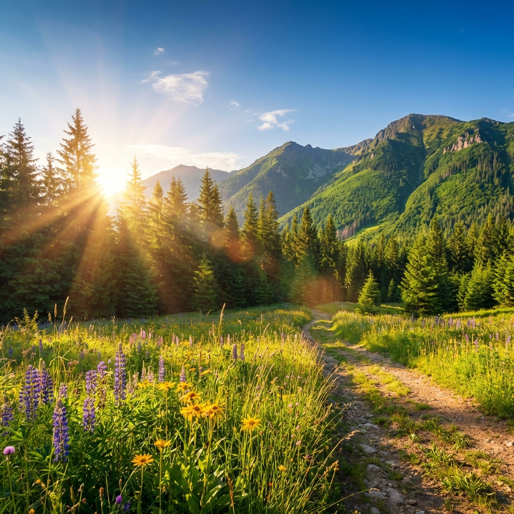 Breathtaking summer day in wild mountains with coniferous forest and green slopes.